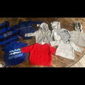 8 unisex tops( listed under boys) jackets, cable knit sweater.swim top for baby!